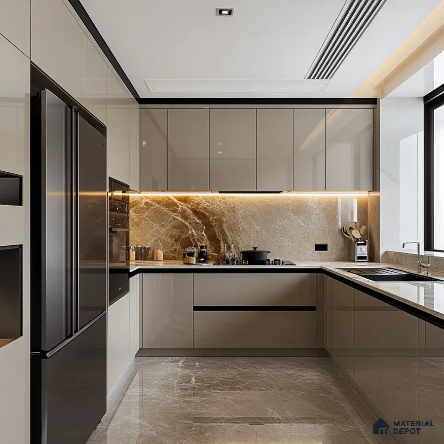 Golden Glow: Luxurious Kitchen with Marble Backsplash | Material Depot
