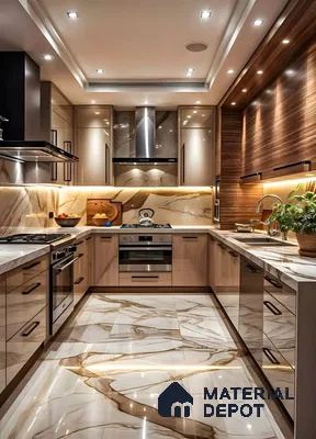 Golden Glow: Warm Wood and Marble Kitchen Perfection | Material Depot