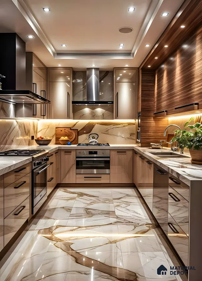 Golden Glow: Warm Wood and Marble Kitchen Perfection | Material Depot