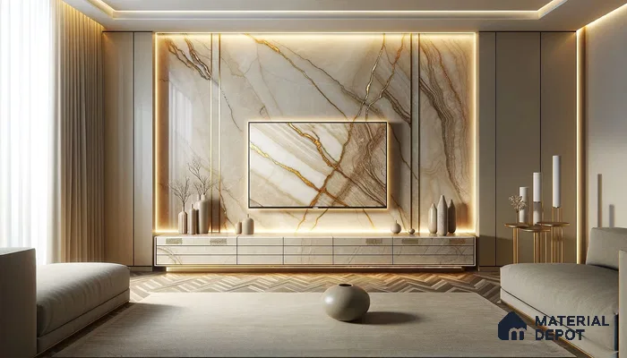 Golden Veined Marble Accentuates Chic and Warm Modern Lounge | Material Depot
