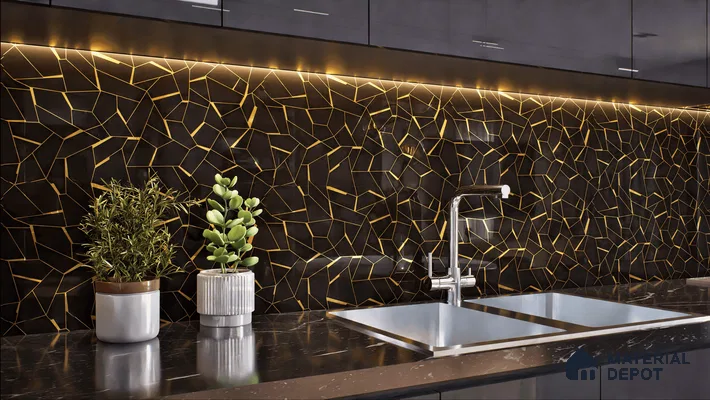 Modern kitchen with cracked black and gold glass highlighter tile.