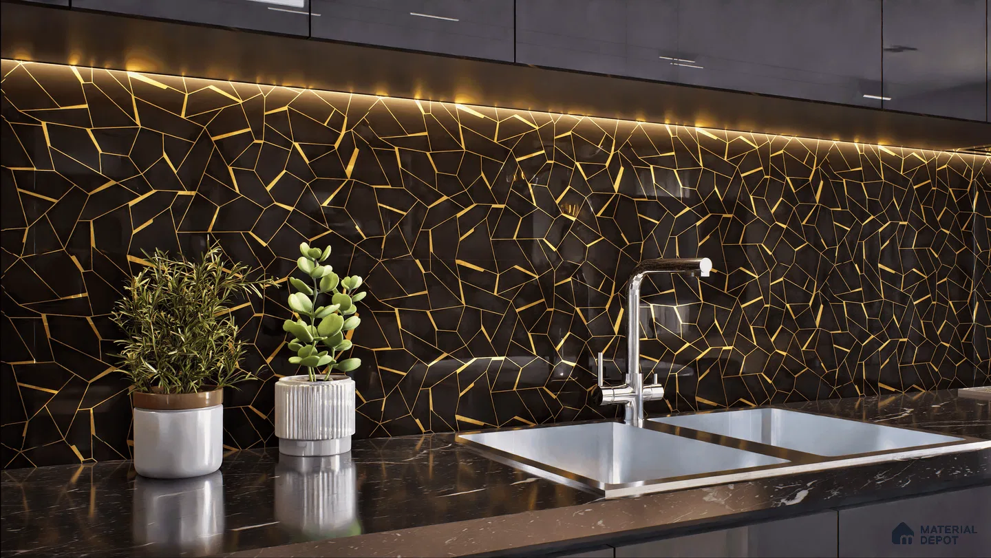 Modern kitchen with cracked black and gold glass highlighter tile.