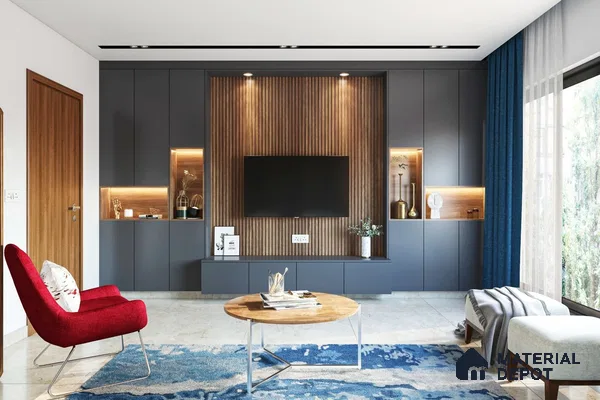 Elegant Grey TV Unit with Teak Accents