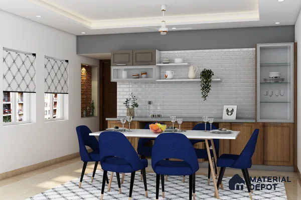 Luxurious Dining: Dark Blue Chairs, White Rug, Fine Crockery