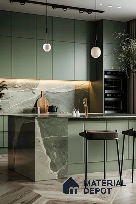 Green And Marble Modern Kitchen | Material Depot