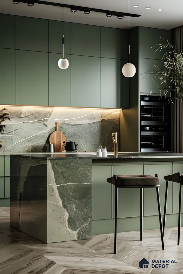 Green And Marble Modern Kitchen | Material Depot