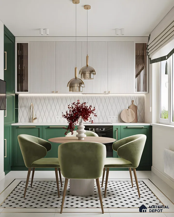 Green And White Kitchen With Decorative Elements | Material Depot