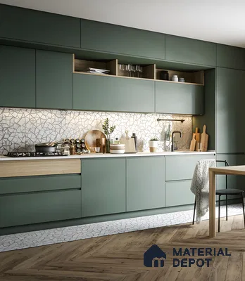 Green Cabinetry In Compact Kitchen Space | Material Depot