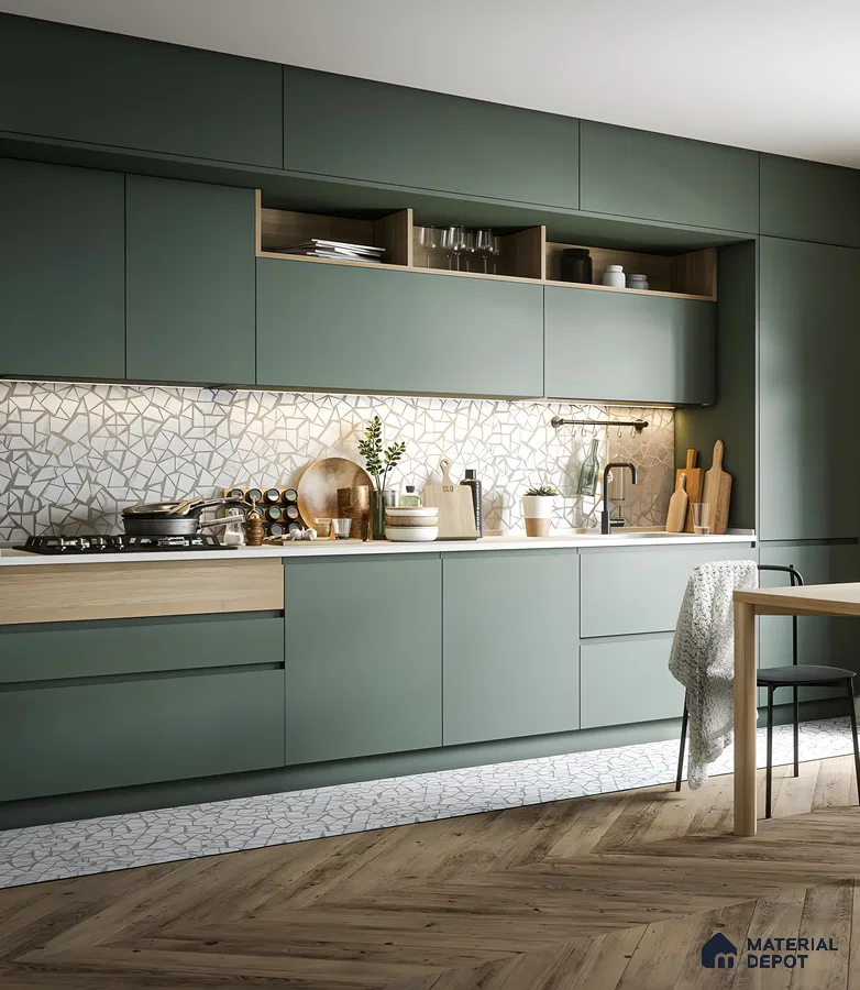 Green Cabinetry In Compact Kitchen Space | Material Depot