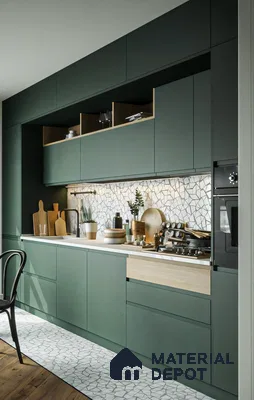 Green Cabinetry in Compact Kitchen Space | Material Depot