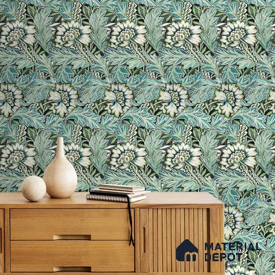 A close-up of a Bedroom Wallpaper, Green Floral Design 19.6 Inches(W) x 420 Inches(H) Atarangi Series Florals Patterned - 57 Sq. Ft. with a finish available at Material Depot in Bangalore