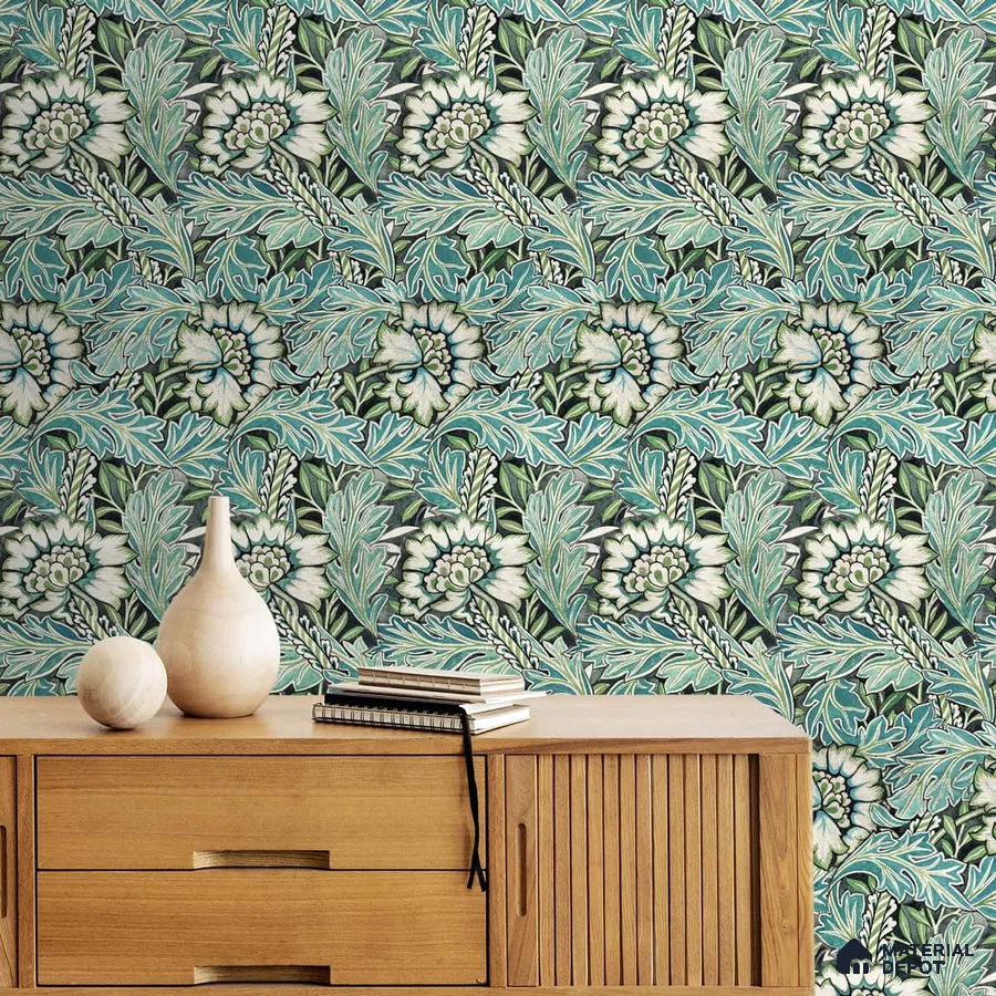 A close-up of a Bedroom Wallpaper, Green Floral Design 19.6 Inches(W) x 420 Inches(H) Atarangi Series Florals Patterned - 57 Sq. Ft. with a finish available at Material Depot in Bangalore