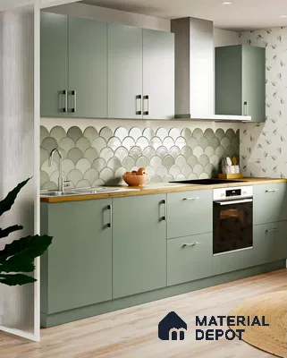 Green Kitchen Units With Decorative Moroccan Backsplash | Material Depot