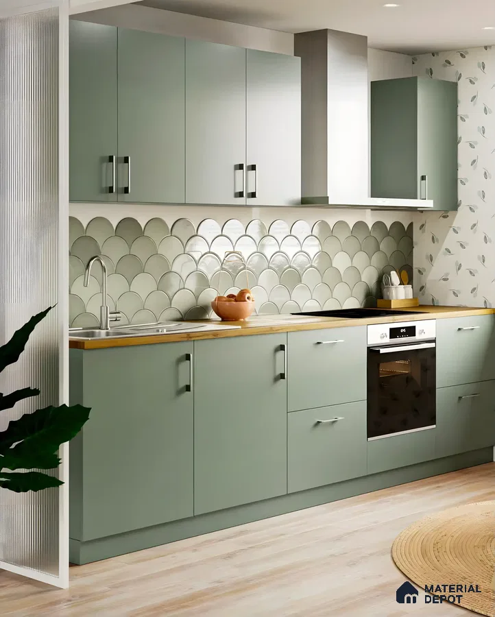 Green Kitchen Units With Decorative Moroccan Backsplash | Material Depot