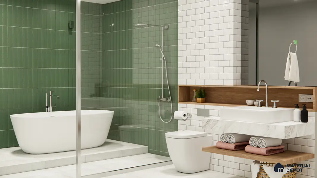 Subway Solid Wall Tile TL 05230 B Sheen Fern Olive 12 x 3 inch Vitrified Matte Finish - 8 mm | 21 Random Faces | Suitable for Accent / Feature Walls, Bathroom, Kitchen Wall & Backsplashes