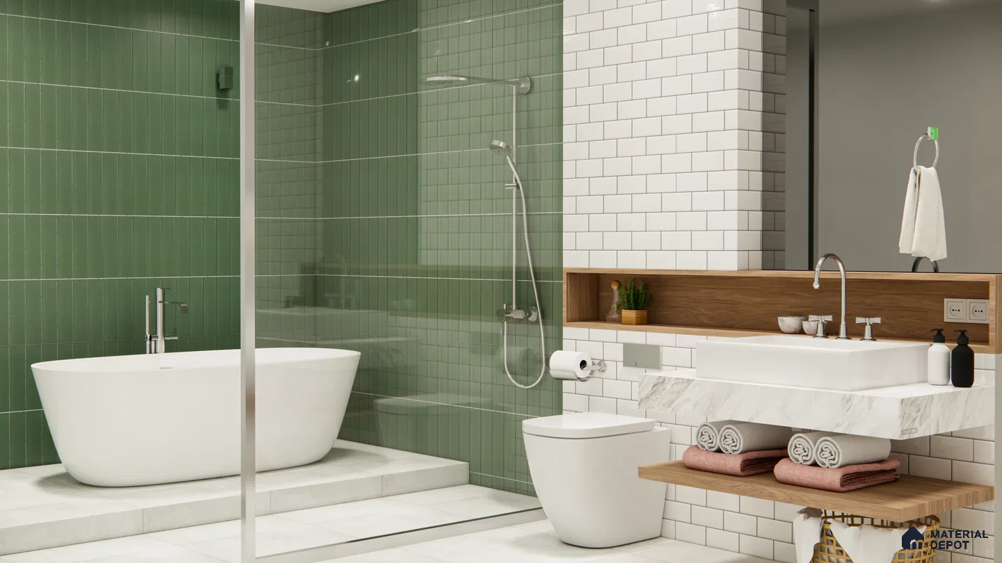 Green KitKat and White Subway Tiles for a Fresh Modern Bathroom | Material Depot