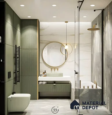 Green Louvers With Grey Texture Wall And Floor Tiles | Material Depot
