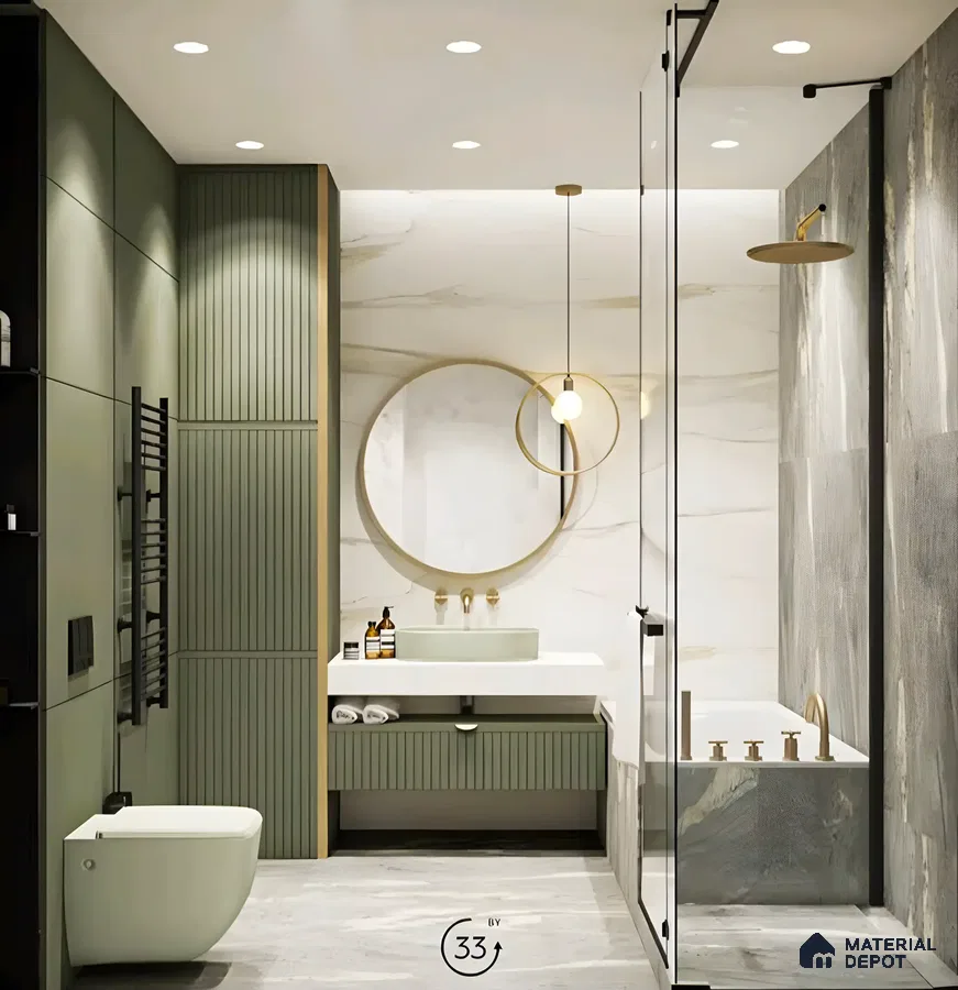 Green Louvers With Grey Texture Wall And Floor Tiles | Material Depot