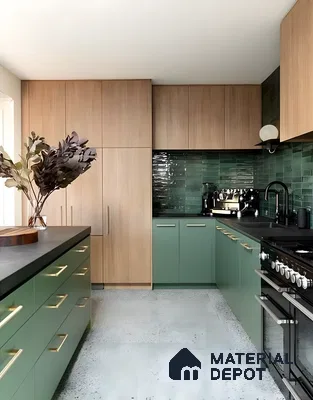 Green Minimalist Kitchen With Wood Accents And Black Hardware | Material Depot