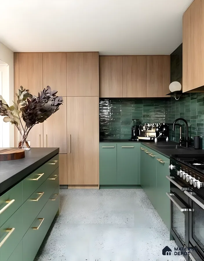Green Minimalist Kitchen With Wood Accents And Black Hardware | Material Depot