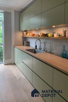 Green Scandinavian kitchen with open shelving | Material Depot