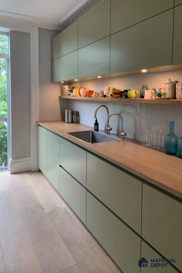 Green Scandinavian kitchen with open shelving | Material Depot
