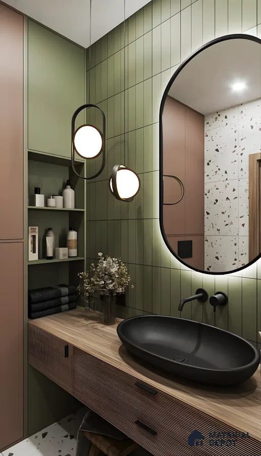 Green Subway Bathroom With Terrazzo Floor | Material Depot