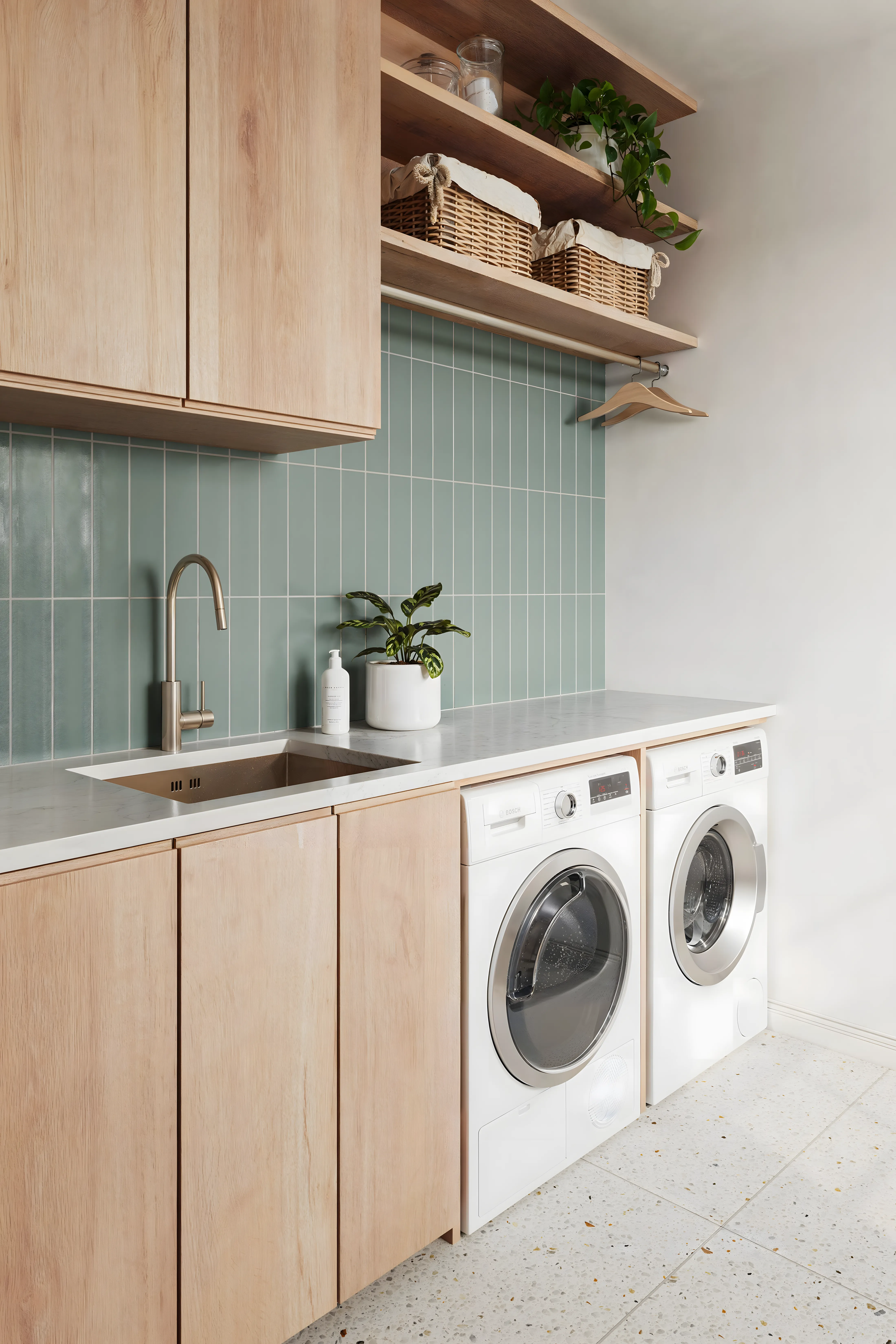 Green subway Kitchen Design with Curved Island and Green Tile Detailing Assetz Marq 3.0 Whitefield | Material Depot