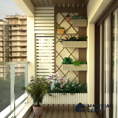 balcony garden with shelves that display various plants in colorful pots, with a wooden floor and white railings, and a cityscape in the background.
