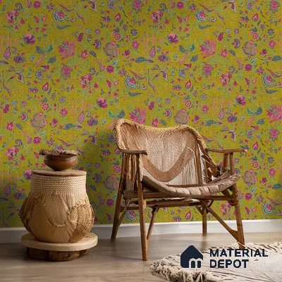 A close-up of a Bahaar A Symphony of Indian Flowers Greenish Yellow 19.6 Inches(W) x 420 Inches(H) Atarangi Series Florals Patterned - 57 Sq. Ft. with a finish available at Material Depot in Bangalore