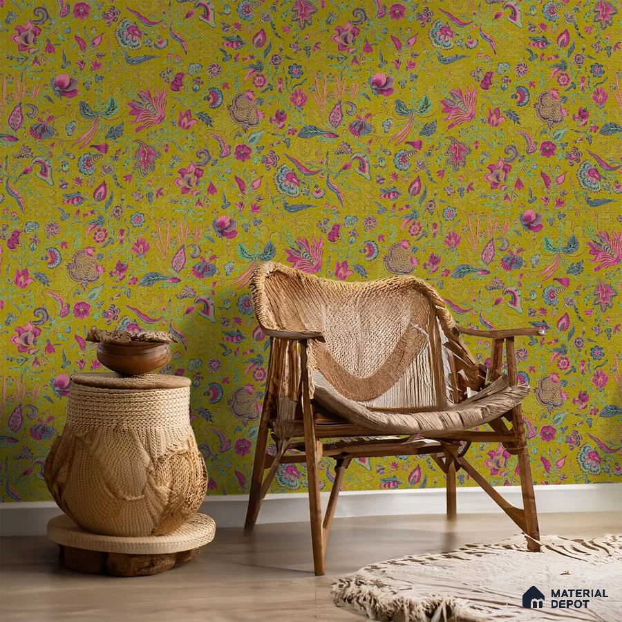 A close-up of a Bahaar A Symphony of Indian Flowers Greenish Yellow 19.6 Inches(W) x 420 Inches(H) Atarangi Series Florals Patterned - 57 Sq. Ft. with a finish available at Material Depot in Bangalore