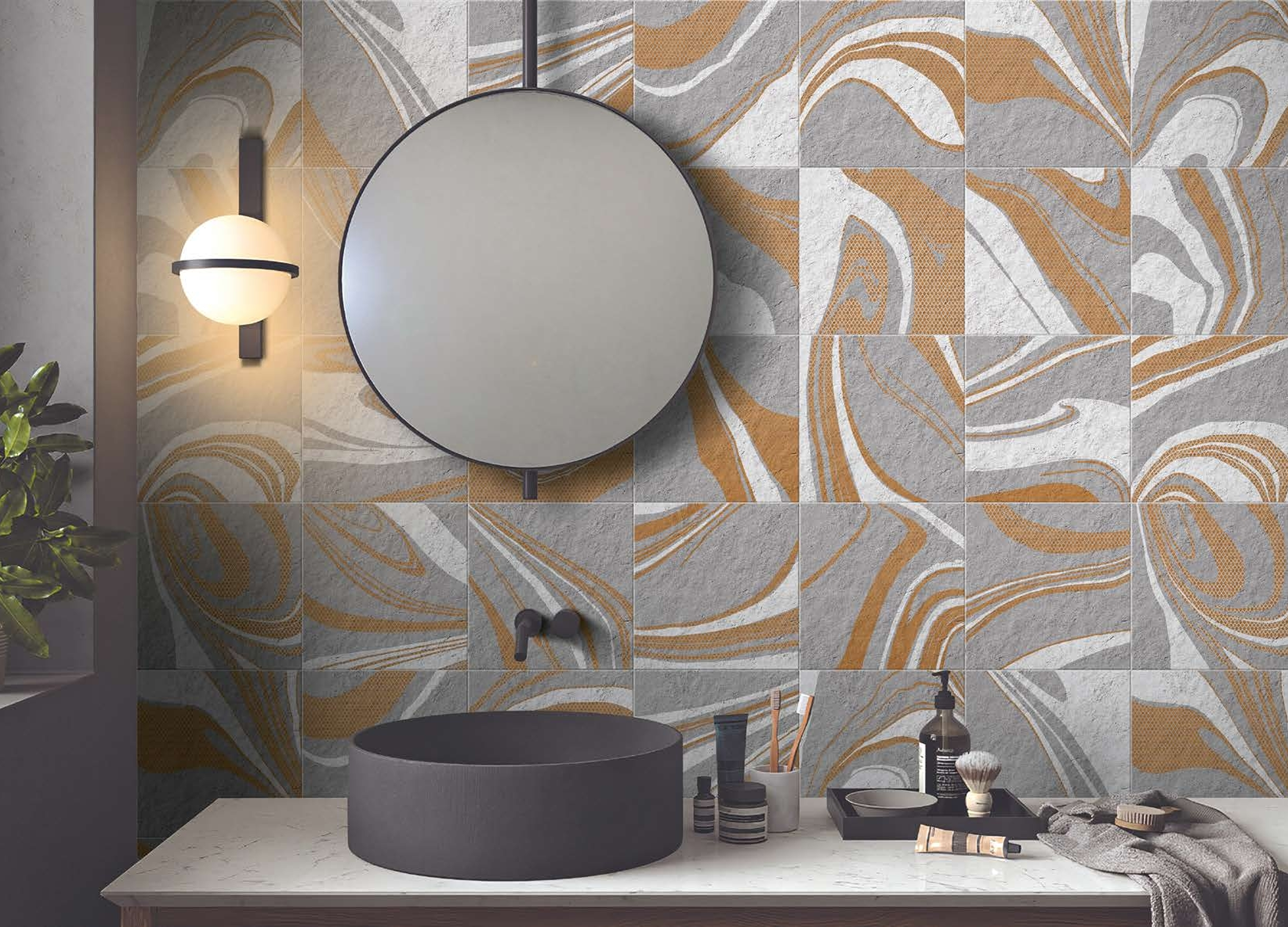 Grey and Mustard Swirl Tiles for Statement Bathroom Walls | Material Depot