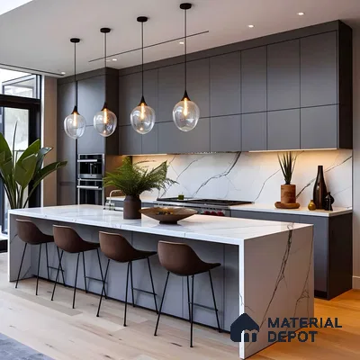 Grey Kitchen Design With Glass Pendant Lights | Material Depot