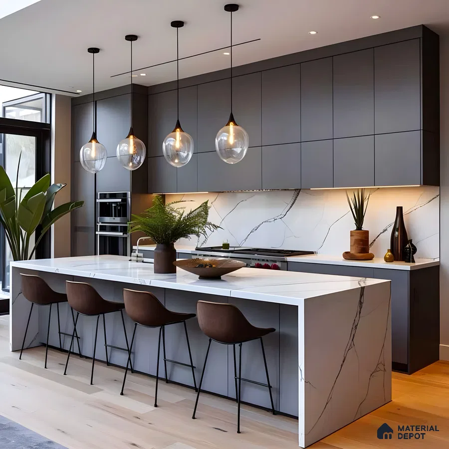 Grey Kitchen Design With Glass Pendant Lights | Material Depot