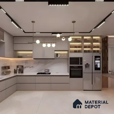 Grey Modular Kitchen With Marble Backsplash And Ambient Shelf Lighting | Material Depot
