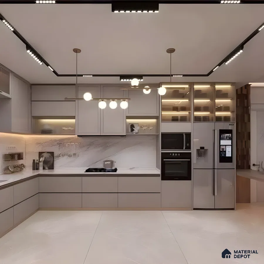 Grey Modular Kitchen With Marble Backsplash And Ambient Shelf Lighting | Material Depot