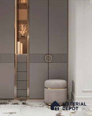 Grey Wardrobe with Glass Open Shelf and Gold Accents | Material Depot