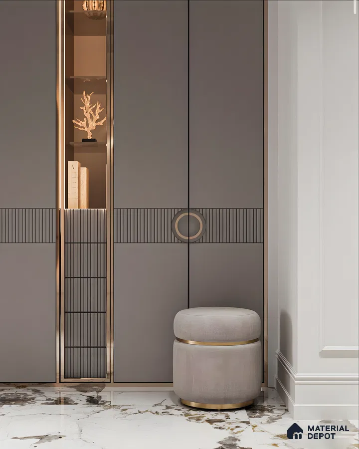 Grey Wardrobe with Glass Open Shelf and Gold Accents | Material Depot