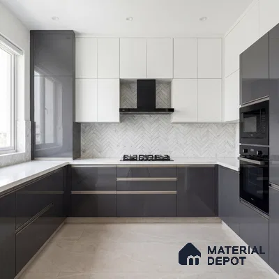Modern dual tone kitchen with glossy grey and frosty white laminate, white quartz countertop, and herringbone marble backsplash tile