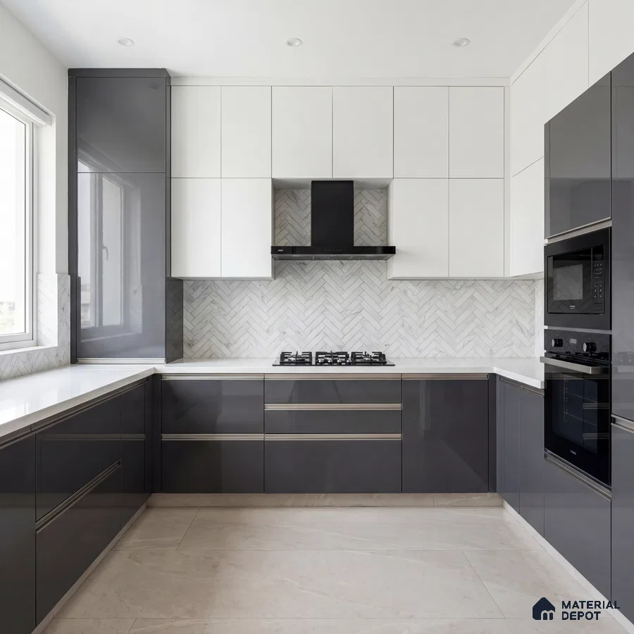 Modern dual tone kitchen with glossy grey and frosty white laminate, white quartz countertop, and herringbone marble backsplash tile