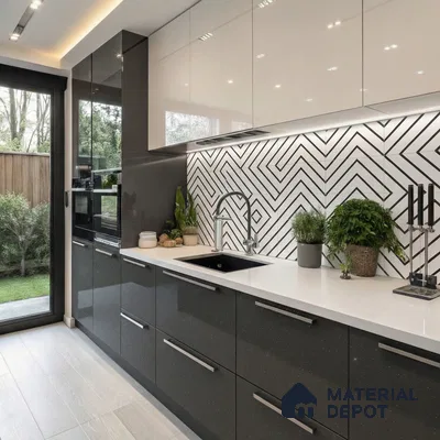 Modern kitchen with glossy grey and white laminate, white quartz countertop, and geometric black-and-white backsplash tiles