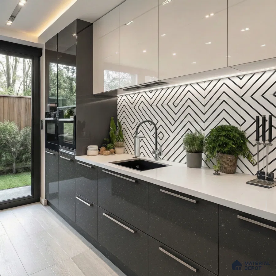 Modern kitchen with glossy grey and white laminate, white quartz countertop, and geometric black-and-white backsplash tiles