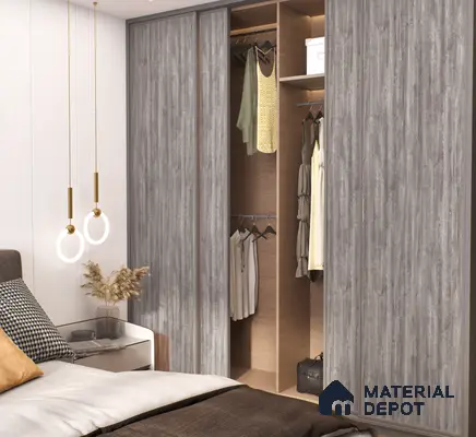 Grey Wooden Laminate Sliding Wardrobe for Contemporary Bedroom Design | Material Depot