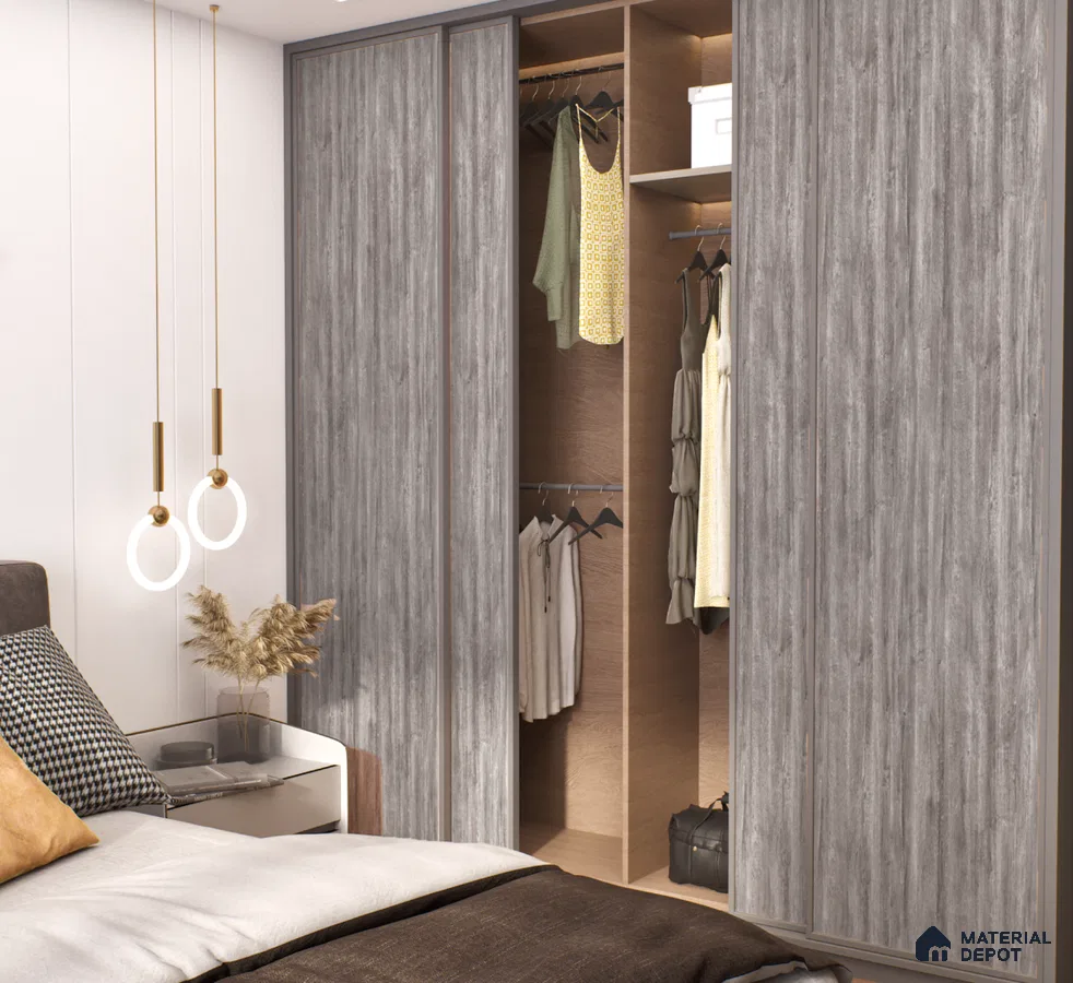 Grey Wooden Laminate Sliding Wardrobe for Contemporary Bedroom Design | Material Depot