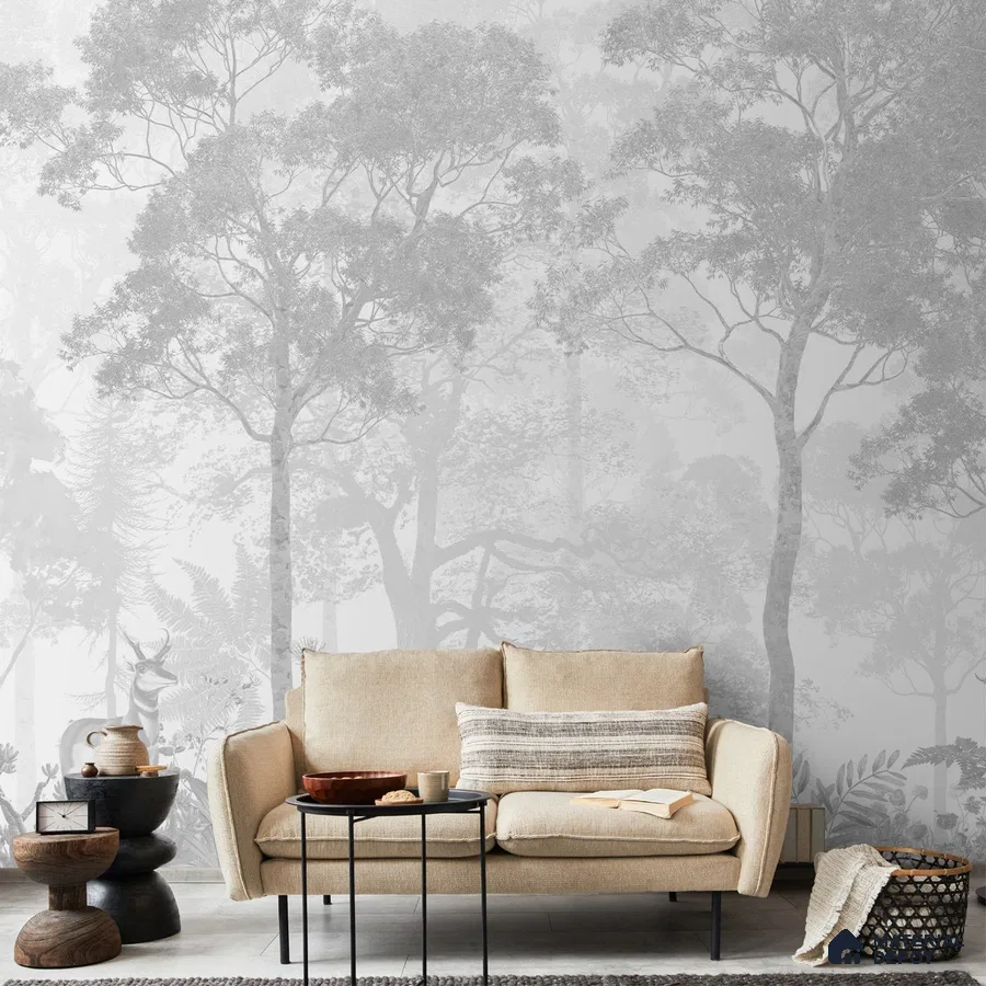 A close-up of a Vintage Forest Theme Wallpaper, Grisaille Style Indrani Series Soft Feel Tropical Design (Customised Size Wallpaper )available at Material Depot in Bangalore