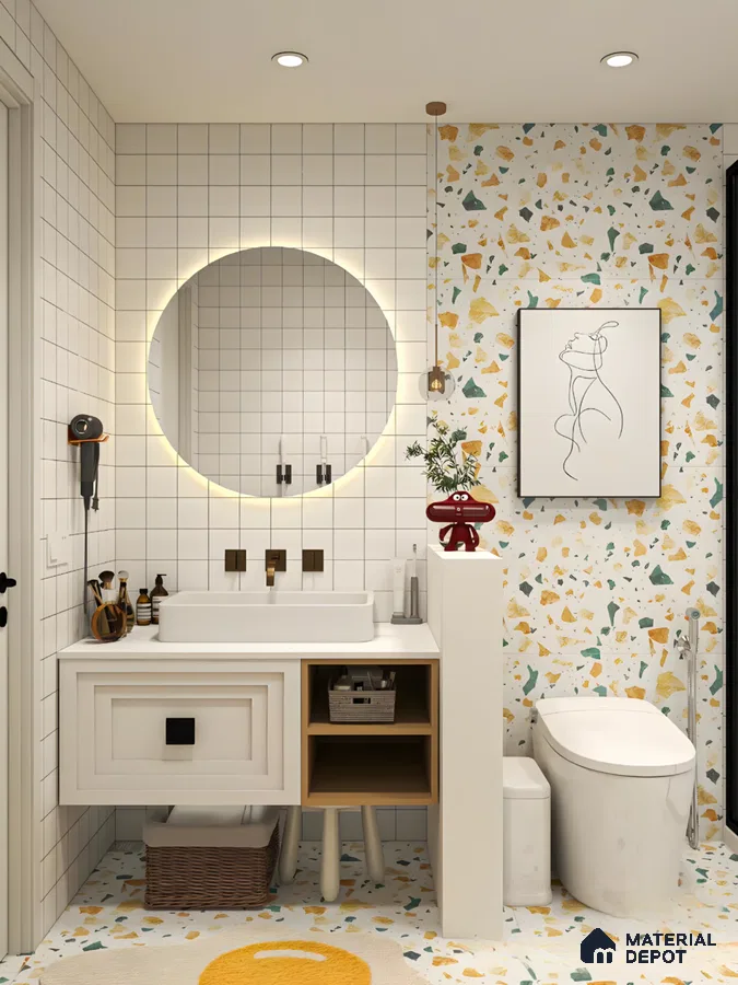 Halo Mirror Bathroom with Terrazzo and Gold Accents | Material Depot