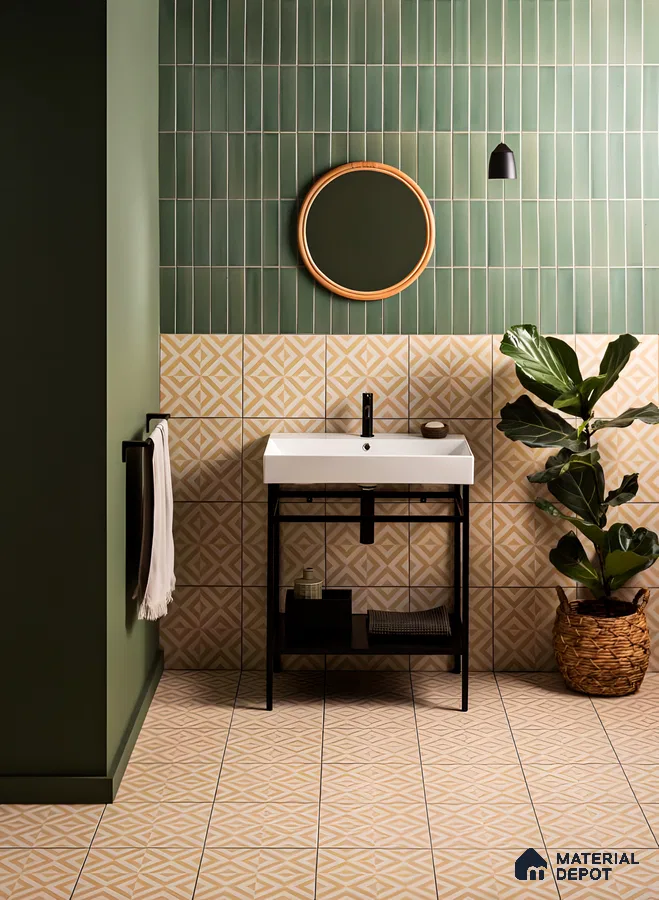Harmonious Haven: Olive Green and Cream Bathroom with Geometric Patterns | Material Depot