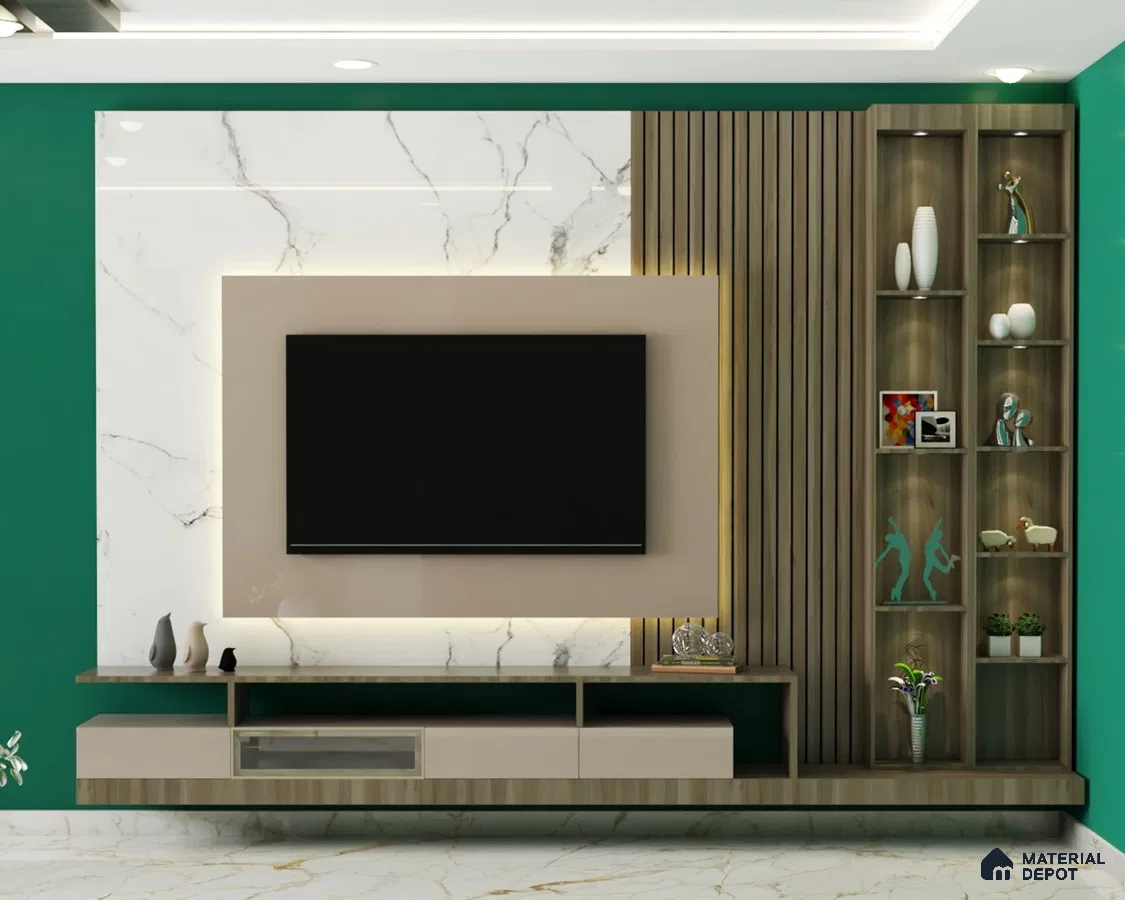 Modern TV Unit with Green Wall and White Marble Backdrop