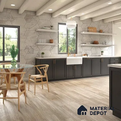 Kitchen countertop with marble tile and wooden flooring