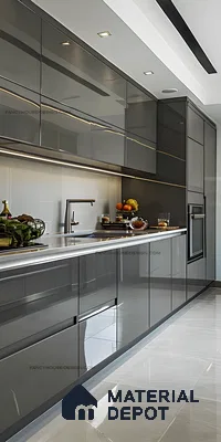 High-Gloss Grey Acrylic Kitchen With Seamless Cabinets And Reflective Finishes | Material Depot
